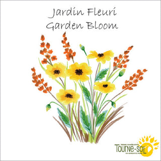 Une illustration à l'aquarelle de fleurs jaunes et orange avec des feuilles vertes forme un bouquet harmonieux. La mention "Jardin fleuri Garden Bloom" apparaît en haut, et le logo de Tourne-Sol en bas. Produit : *Collection Jardin fleuri de Tourne-Sol.