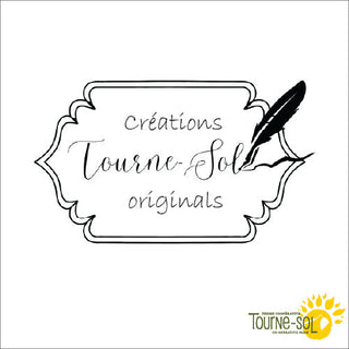Un cadre décoratif affiche le texte écrit "Collection Créations Tourne-Sol" avec une illustration à la plume d'oie. En bas à droite, le logo d'un tournesol jaune et la mention "Tourne-Sol" mettent en évidence les semences potagères et les variétés Tourne-Sol.